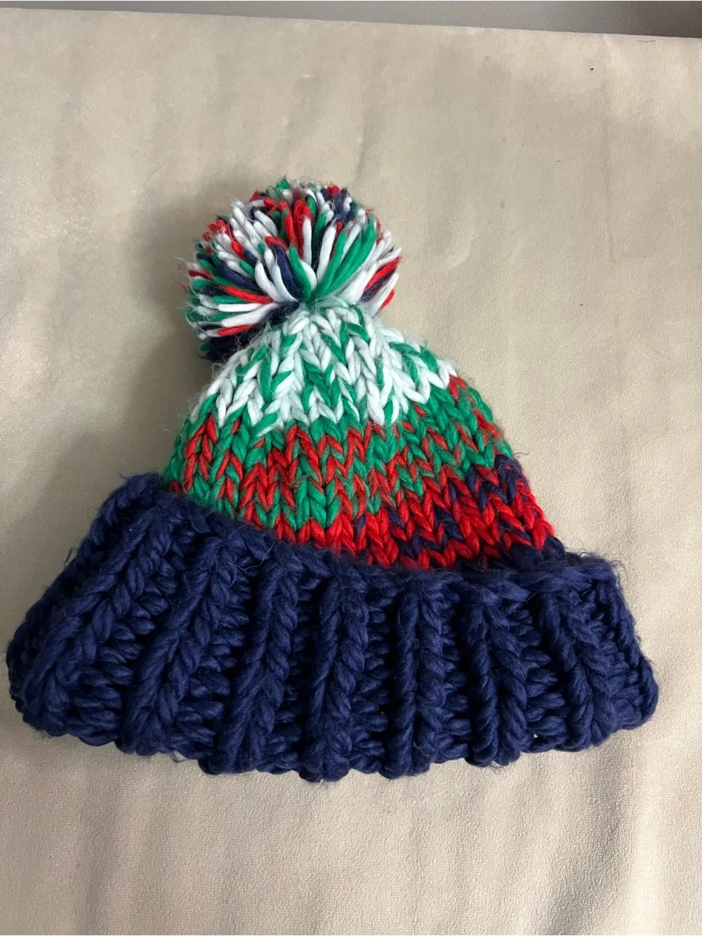 🧶❄️ Free People Chunky Knit Pom Pom Beanie Navy Multicolor Boho Ski Hat